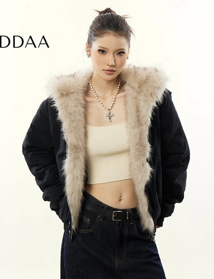 Aaisup American Retro Mountain Carved Fur Collar Hooded Cotton Jacket Women’s Winter Loose Fleece Thickened Cotton