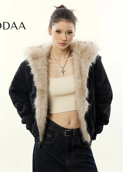 Aaisup American Retro Mountain Carved Fur Collar Hooded Cotton Jacket Women’s Winter Loose Fleece Thickened Cotton