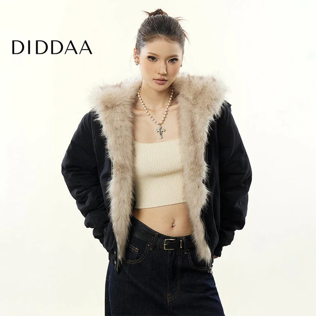 Aaisup American Retro Mountain Carved Fur Collar Hooded Cotton Jacket Women’s Winter Loose Fleece Thickened Cotton