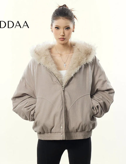 Aaisup American Retro Mountain Carved Fur Collar Hooded Cotton Jacket Women’s Winter Loose Fleece Thickened Cotton