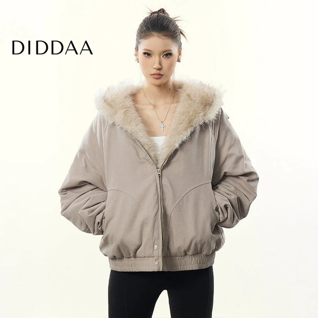 Aaisup American Retro Mountain Carved Fur Collar Hooded Cotton Jacket Women’s Winter Loose Fleece Thickened Cotton