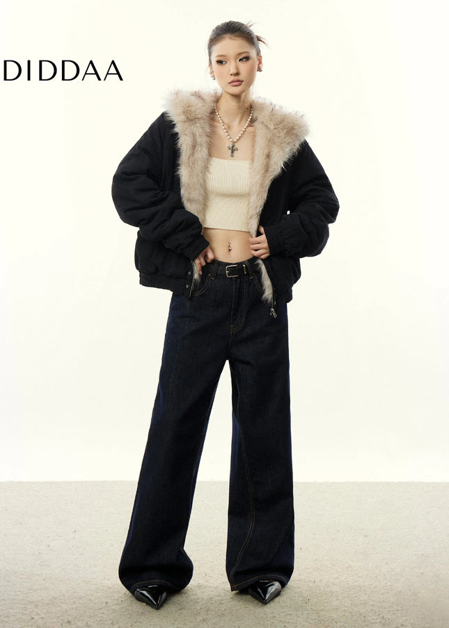 Aaisup American Retro Mountain Carved Fur Collar Hooded Cotton Jacket Women’s Winter Loose Fleece Thickened Cotton