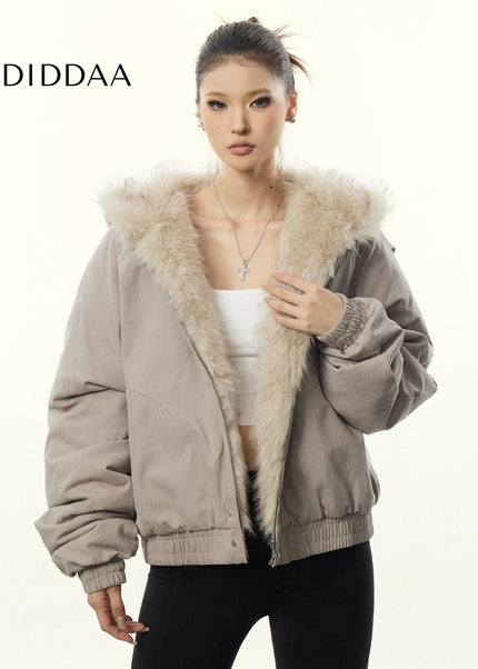 Aaisup American Retro Mountain Carved Fur Collar Hooded Cotton Jacket Women’s Winter Loose Fleece Thickened Cotton