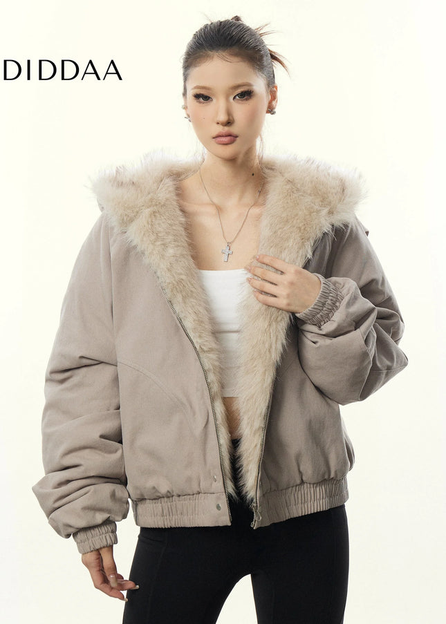 Aaisup American Retro Mountain Carved Fur Collar Hooded Cotton Jacket Women’s Winter Loose Fleece Thickened Cotton