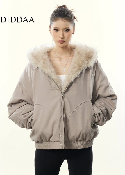 Aaisup American Retro Mountain Carved Fur Collar Hooded Cotton Jacket Women’s Winter Loose Fleece Thickened Cotton