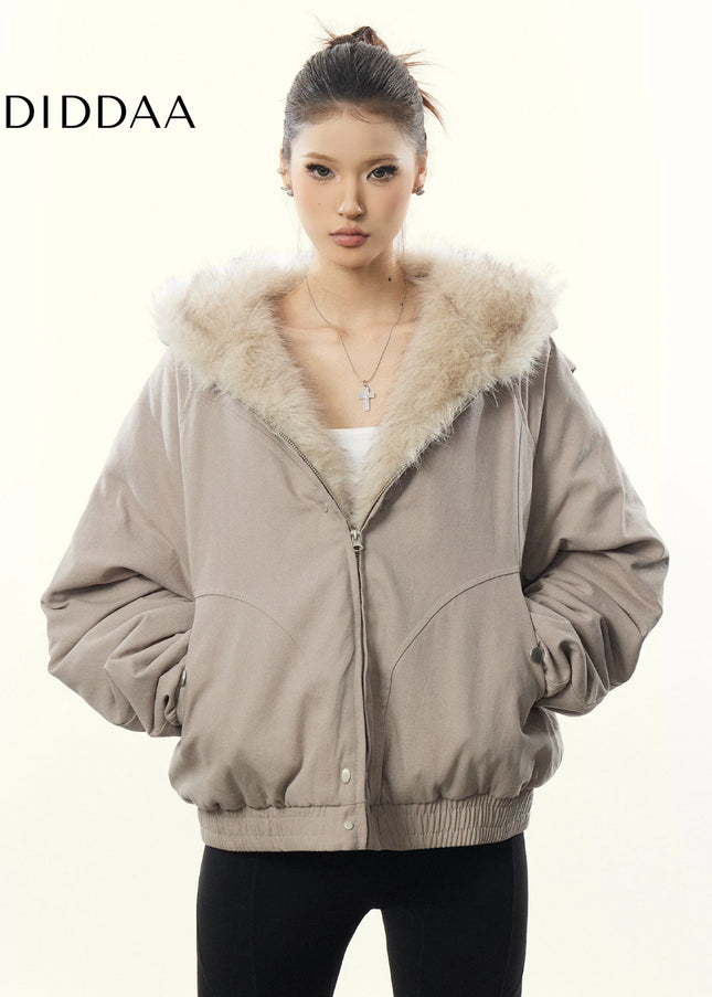 Aaisup American Retro Mountain Carved Fur Collar Hooded Cotton Jacket Women’s Winter Loose Fleece Thickened Cotton