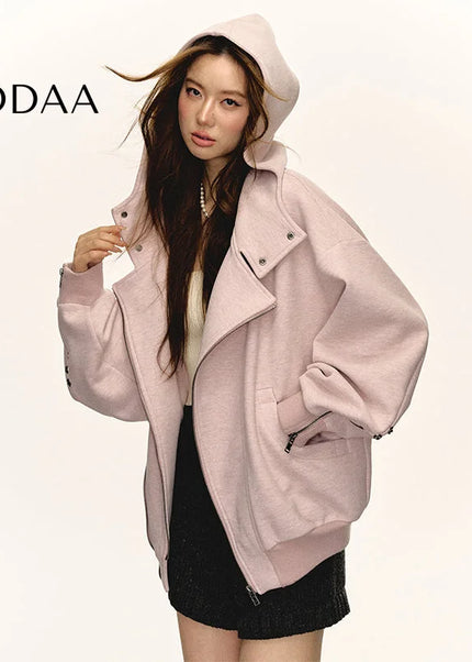 Aaisup Korean sweet cool pink hooded sweatshirt jacket women’s autumn and winter design sense loose and lazy versatile