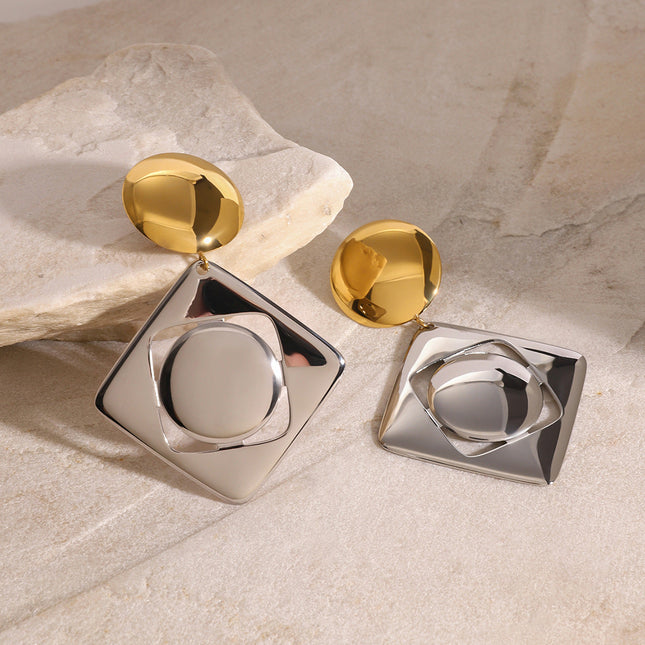 Jieding European and American stainless steel contrasting earrings pendant high-end sense niche round stud earrings titanium steel ear jewelry cross-border women