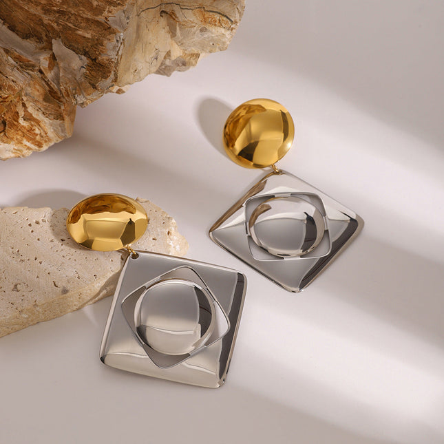 Jieding European and American stainless steel contrasting earrings pendant high-end sense niche round stud earrings titanium steel ear jewelry cross-border women