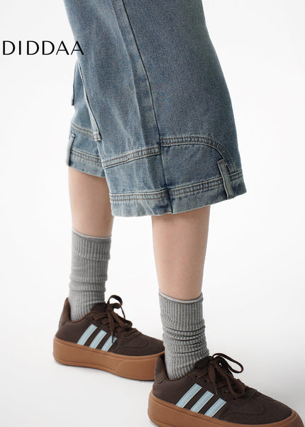 AGUA flip reverse wear design jeans women’s small half pants midi shorts American over-the-knee six-point pants