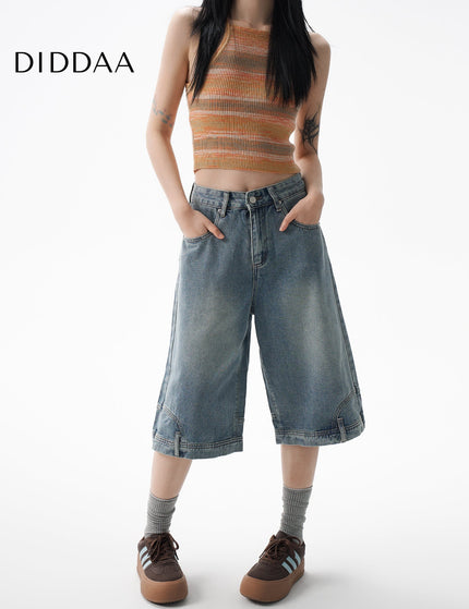 AGUA flip reverse wear design jeans women’s small half pants midi shorts American over-the-knee six-point pants - XS