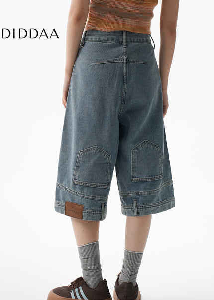 AGUA flip reverse wear design jeans women’s small half pants midi shorts American over-the-knee six-point pants