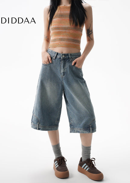 AGUA flip reverse wear design jeans women’s small half pants midi shorts American over-the-knee six-point pants