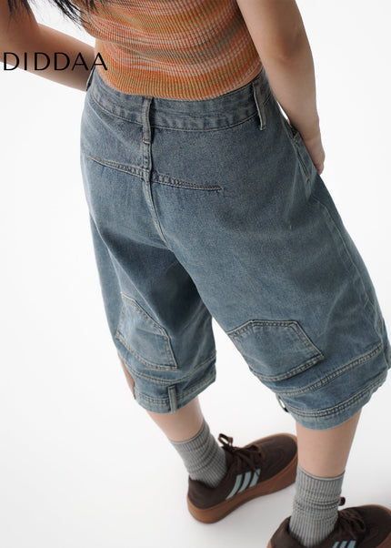 AGUA flip reverse wear design jeans women’s small half pants midi shorts American over-the-knee six-point pants