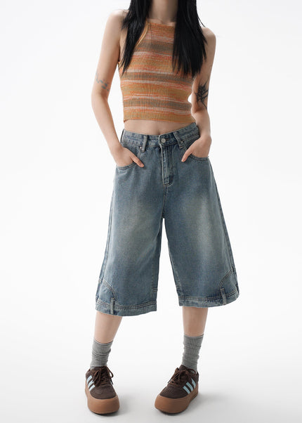AGUA flip reverse wear design jeans women’s small half pants midi shorts American over-the-knee six-point pants