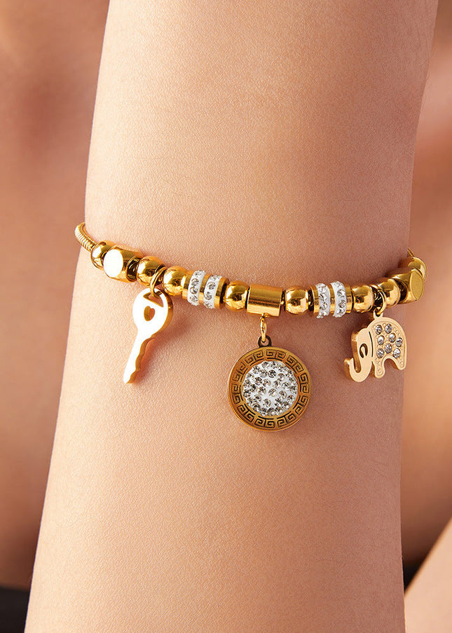 Cross-border hot-selling personality niche pull-out buckle jewelry, multi-element pendant, diamond-encrusted design, titanium steel gold-plated bracelet