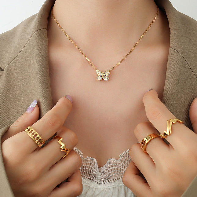 European and American ins style light luxury fashion all-match butterfly zircon necklace titanium steel plated 18K real gold fashion collarbone necklace