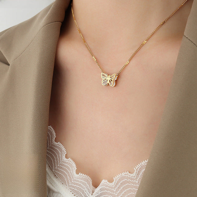 European and American ins style light luxury fashion all-match butterfly zircon necklace titanium steel plated 18K real gold fashion collarbone necklace