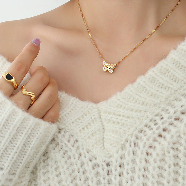 European and American ins style light luxury fashion all-match butterfly zircon necklace titanium steel plated 18K real gold fashion collarbone necklace