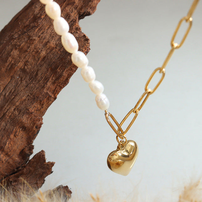 European and American cold ins style niche design sense Baroque freshwater pearl heart chain necklace clavicle chain P691