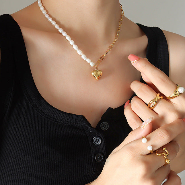 European and American cold ins style niche design sense Baroque freshwater pearl heart chain necklace clavicle chain P691