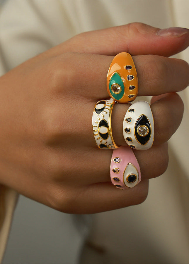 European and American style new cross-border fashion retro personality design copper material eye enamel glaze open ring jewelry