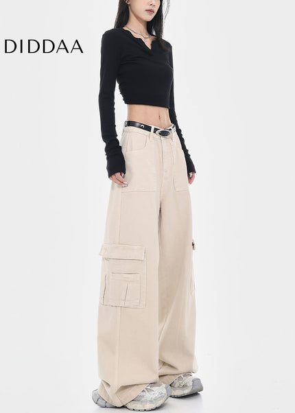 Apricot High Waist Loose Cargo Wide Leg Jeans Women - Women’s Jeans