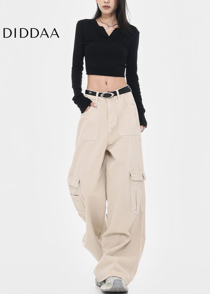 Apricot High Waist Loose Cargo Wide Leg Jeans Women - Women’s Jeans