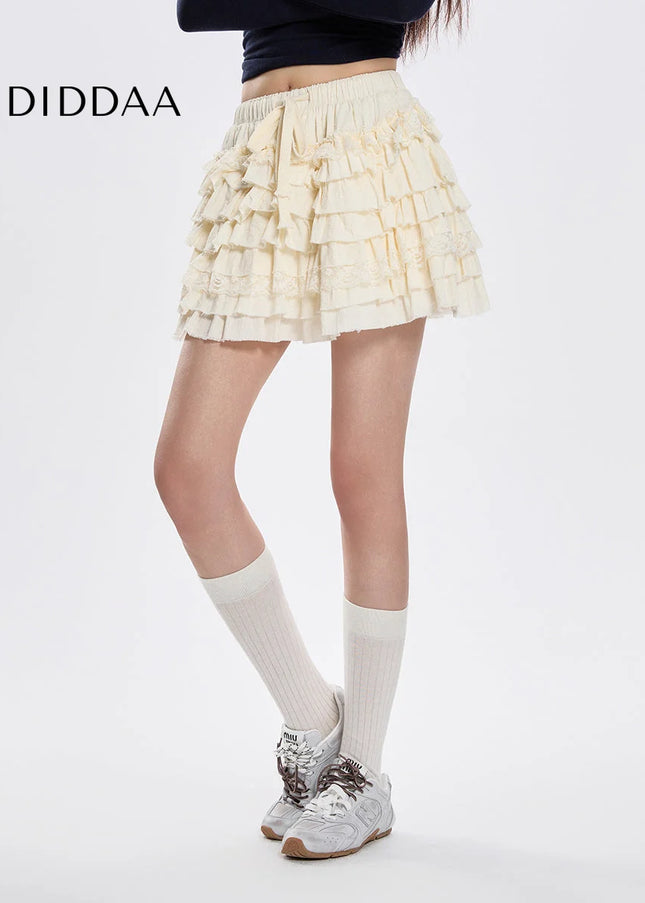 Apricot High-Waisted Lace A-Line Skirt for Women - Skirts