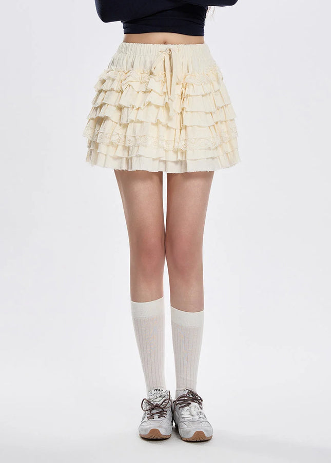 Apricot High-Waisted Lace A-Line Skirt for Women - Skirts