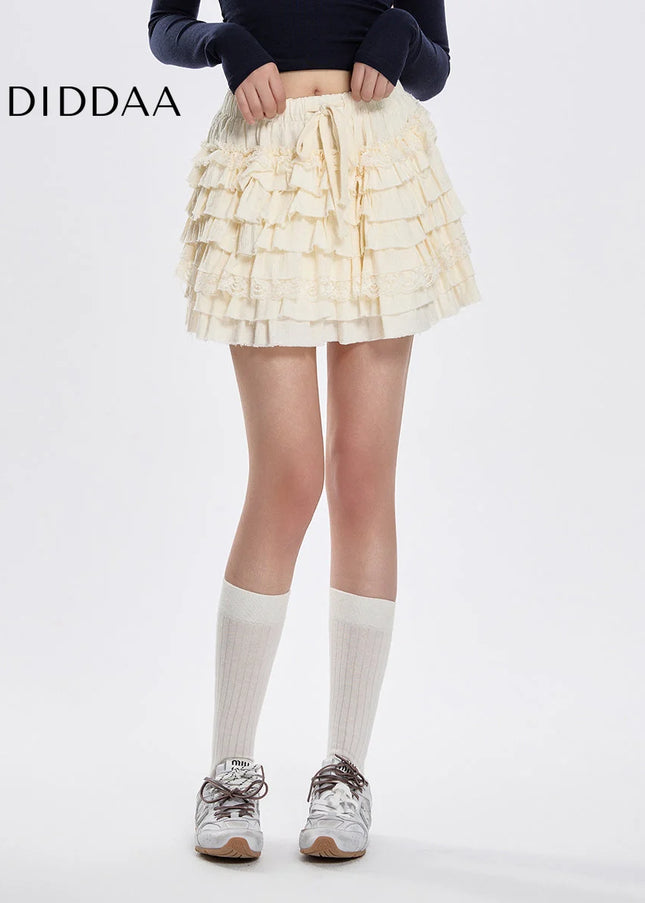 Apricot High-Waisted Lace A-Line Skirt for Women - Skirts