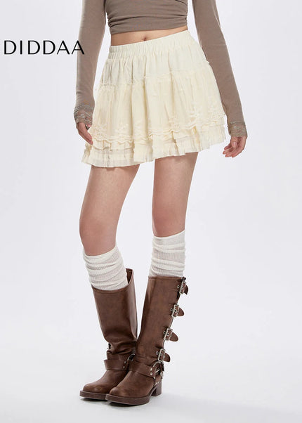 Apricot High-Waisted Lace Spliced Short Skirt Summer - Skirts