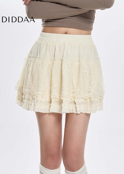 Apricot High-Waisted Lace Spliced Short Skirt Summer - Skirts
