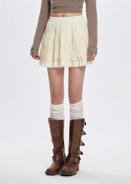 Apricot High-Waisted Lace Spliced Short Skirt Summer - Skirts