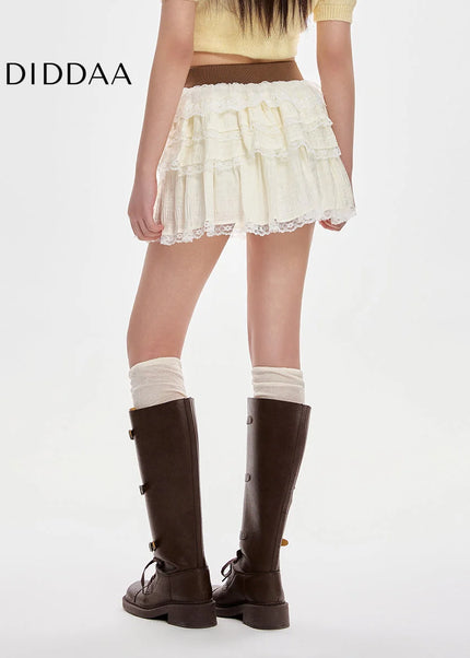 Apricot High-Waisted Slim A-Line Lace Skirt for Women - Skirts