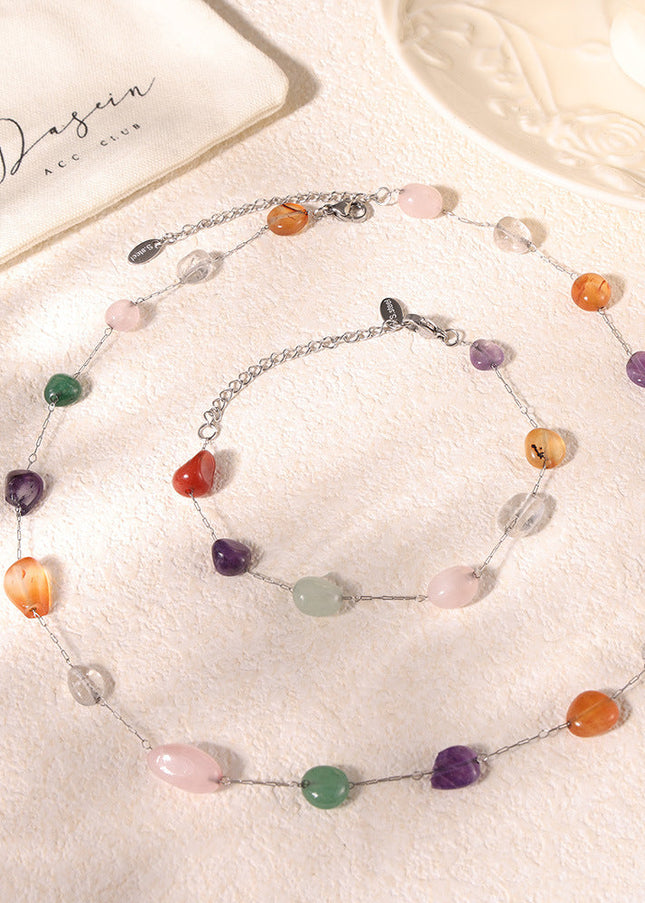 European and American ins style niche colored natural stone beaded necklace fashion bracelet stainless steel dopamine light luxury set