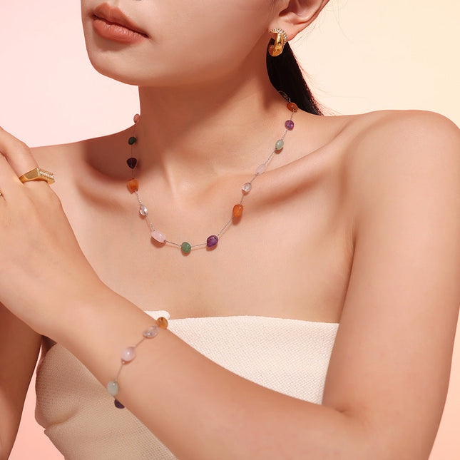 European and American ins style niche colored natural stone beaded necklace fashion bracelet stainless steel dopamine light luxury set