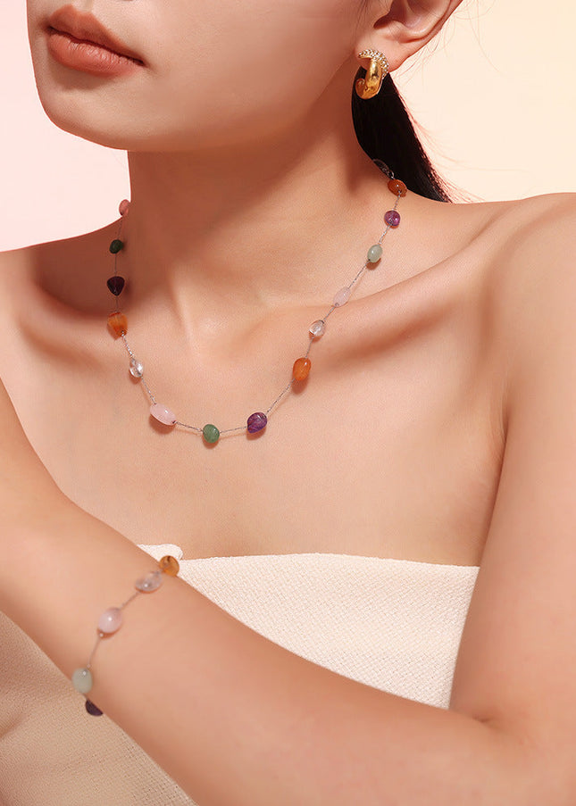 European and American ins style niche colored natural stone beaded necklace fashion bracelet stainless steel dopamine light luxury set