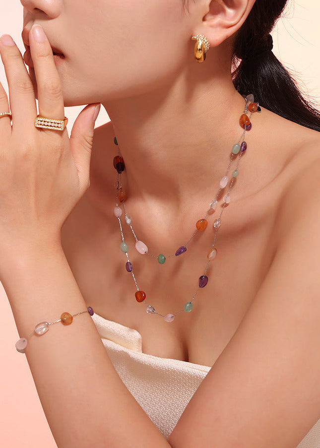 European and American ins style niche colored natural stone beaded necklace fashion bracelet stainless steel dopamine light luxury set