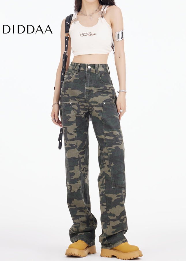 Army Green Camouflage Wide Leg Cargo Jeans - Women’s Jeans
