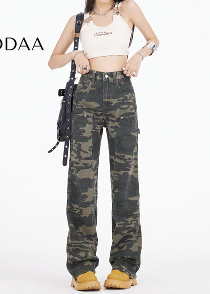 Army Green Camouflage Wide Leg Cargo Jeans - Women’s Jeans