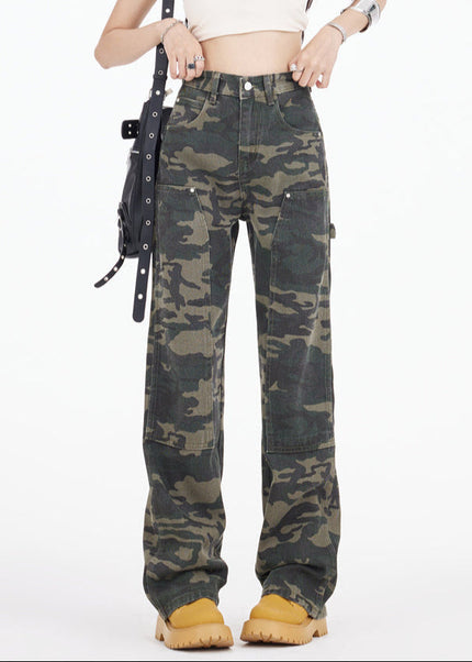 Army Green Camouflage Wide Leg Cargo Jeans - Women’s Jeans