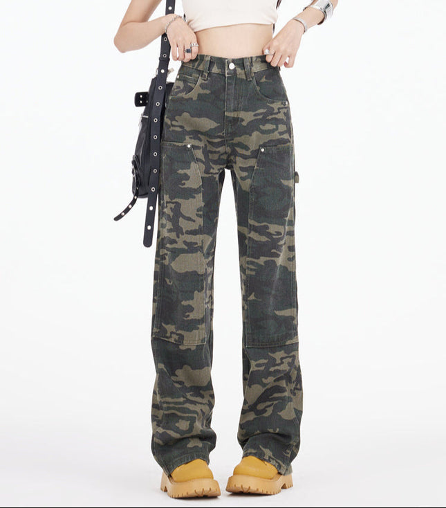 Army Green Camouflage Wide Leg Cargo Jeans - Women’s Jeans