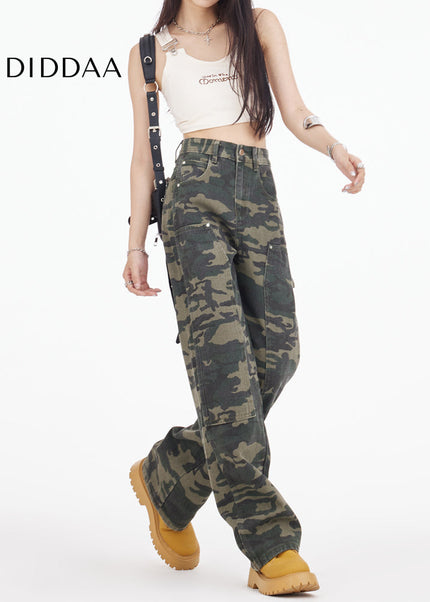 Army Green Camouflage Wide Leg Cargo Jeans - Women’s Jeans