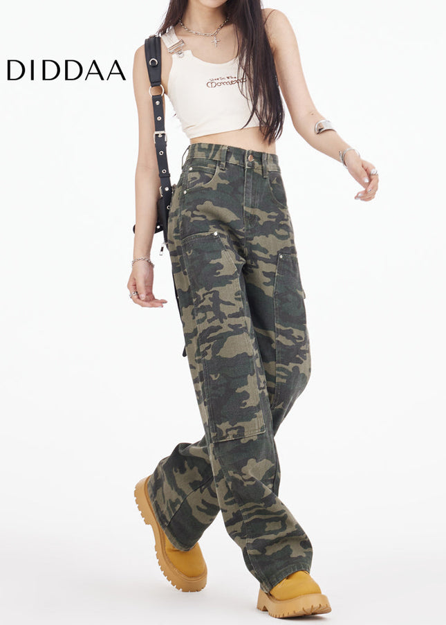 Army Green Camouflage Wide Leg Cargo Jeans - Women’s Jeans