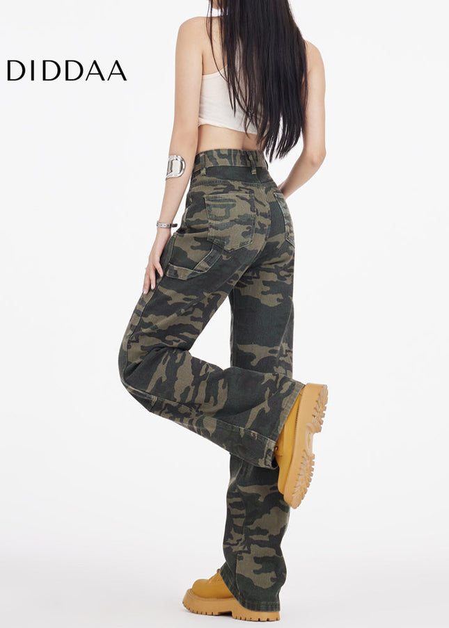 Army Green Camouflage Wide Leg Cargo Jeans - Women’s Jeans
