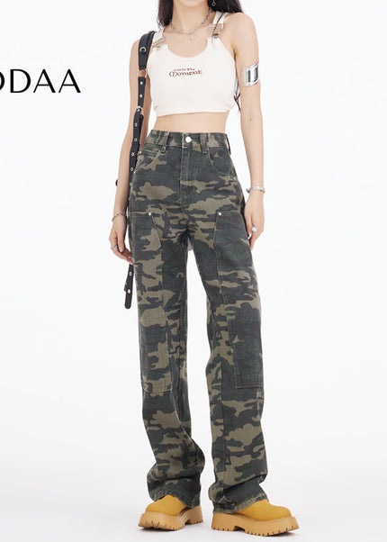 Army Green Camouflage Wide Leg Cargo Jeans - XS / Camouflage - Women’s Jeans