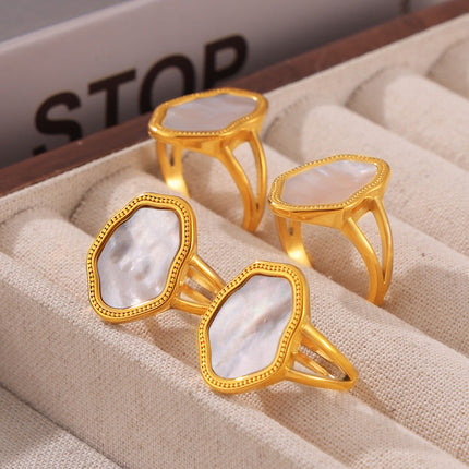 French Geometric Irregular White Sea Shell Ring Titanium Steel Plated 18k Gold Adjustable Vintage Creative Design Ring Girl