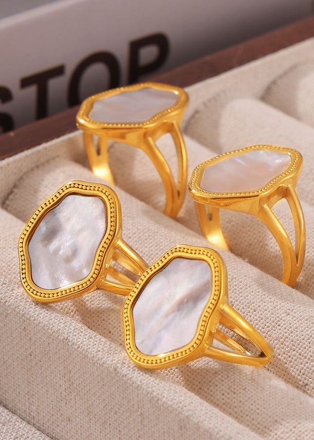 French Geometric Irregular White Sea Shell Ring Titanium Steel Plated 18k Gold Adjustable Vintage Creative Design Ring Girl