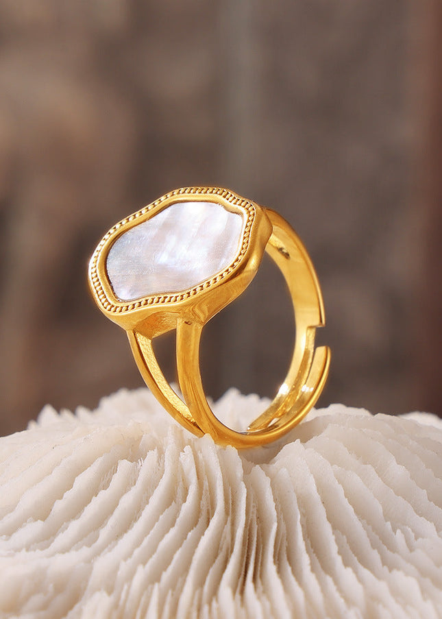 French Geometric Irregular White Sea Shell Ring Titanium Steel Plated 18k Gold Adjustable Vintage Creative Design Ring Girl